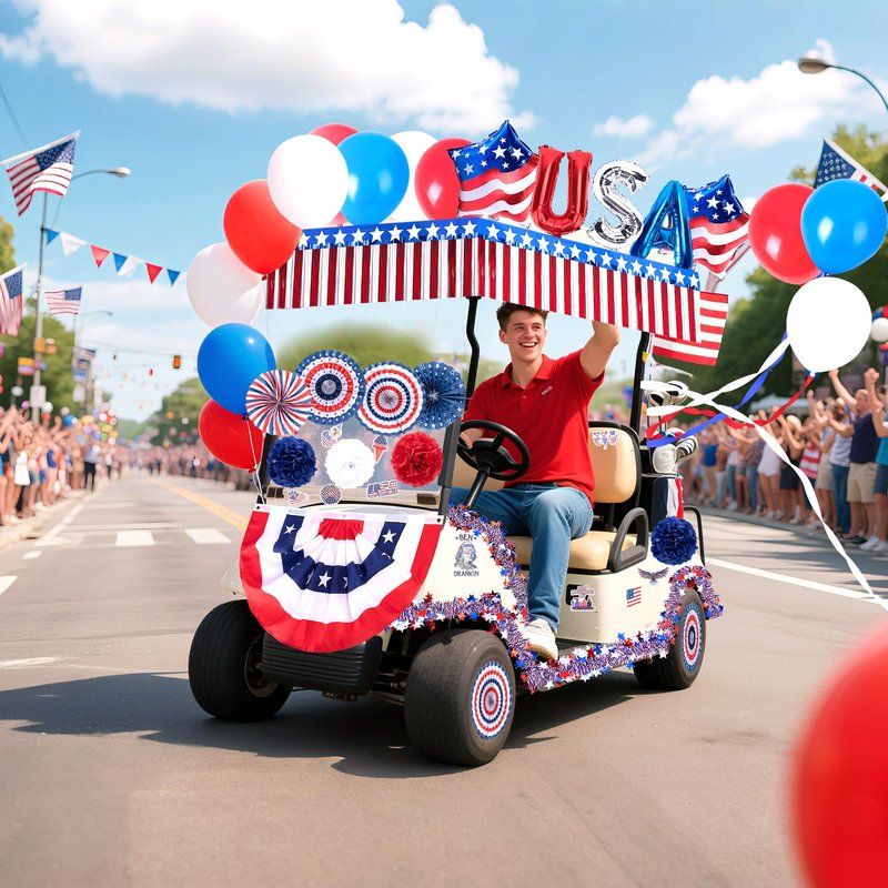 106 Pcs 4th of July Golf Cart Decorations Kit, Patriotic Parade Car Decoration, Red White Blue Tinsel Garlands, Pleated Fan Flag, Paper Fans, Pom Poms, Balloons for Independence Day Memorial Day