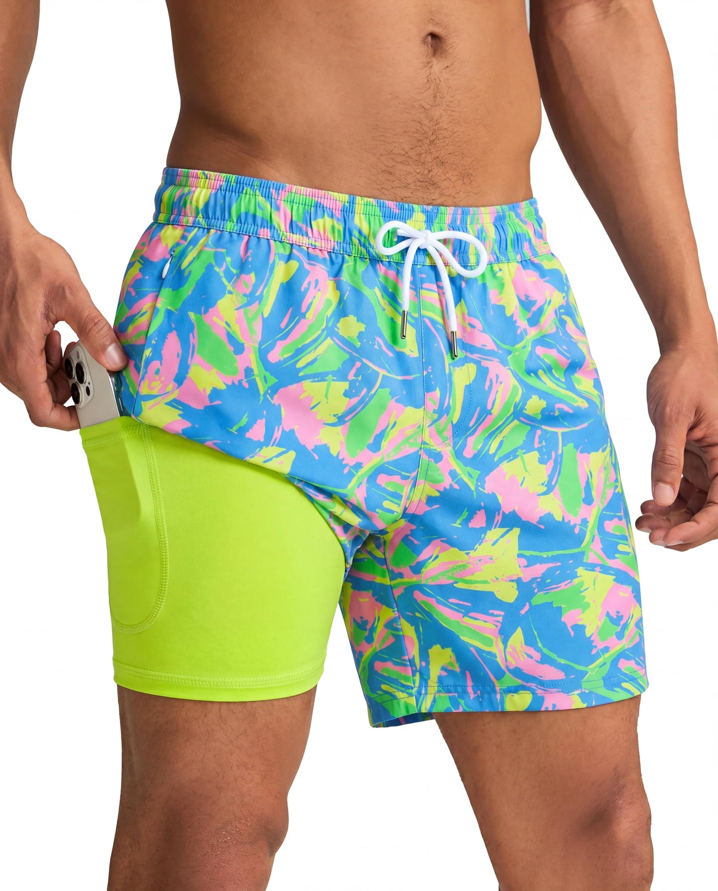 maamgic Mens Swim Trunks with Compression Liner 5 Inch, Quick Dry Bathing Suit with Zipper Pockets, Stretch No-Chafing Swim Shorts, Blue-Color Painting Small