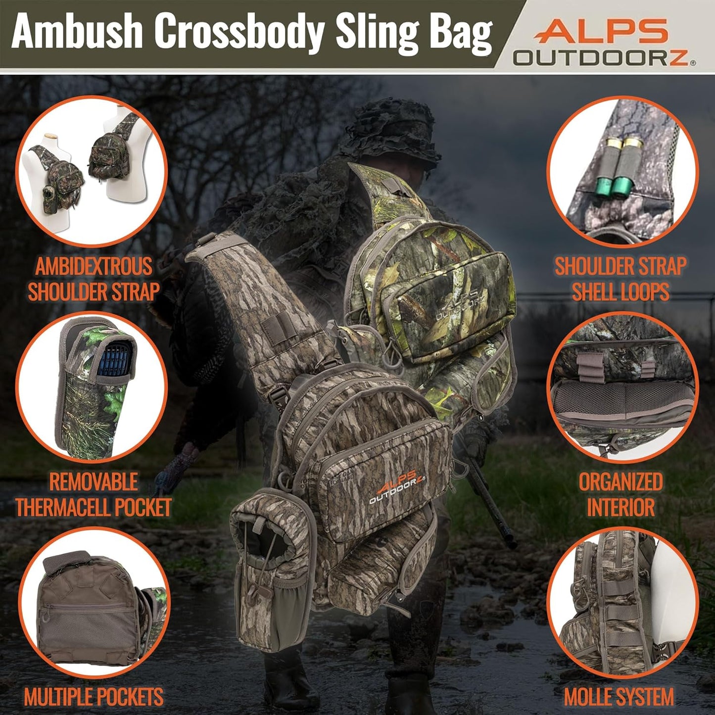 ALPS OutdoorZ Ambush Crossbody Sling Bag - Lightweight Hunting Design, Ambidextrous Strap, Mossy Oak Obsession