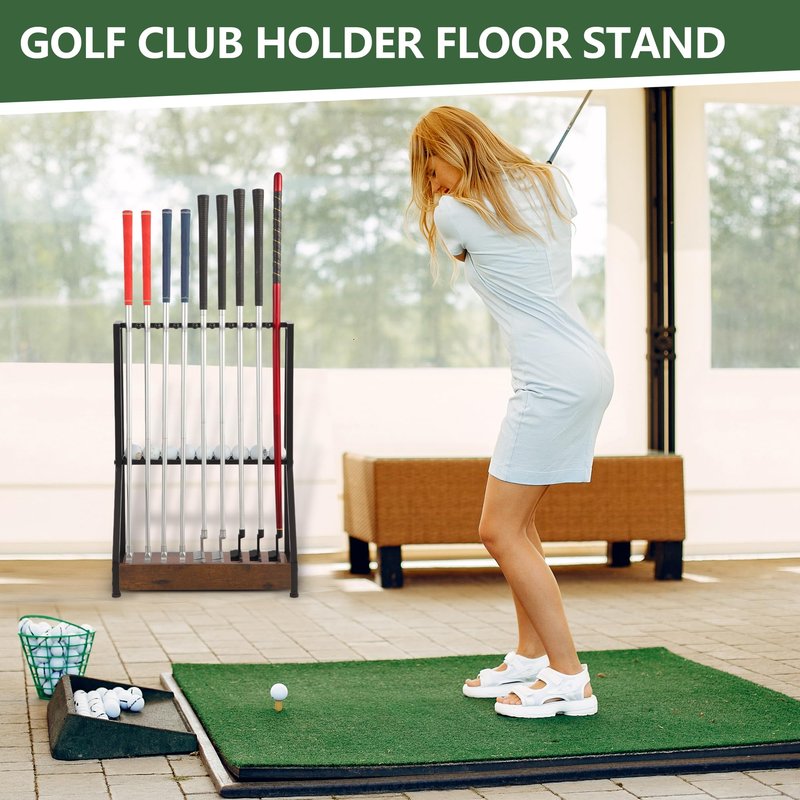 Xnwouco Golf Club Holder for 9 Clubs & 9 Balls, Solid Wood & Iron Golf Organizer, Golf Putter Holder Floor Stand, Golf Club Stand Suitable for Golf Simulators｜Golf Course Accessories