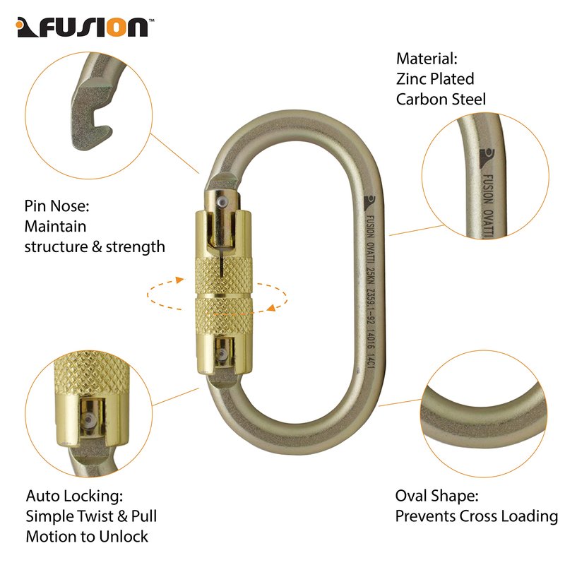 Fusion Climb OVATTI AUTO LOCK Carabiner - Industrial-Grade Steel, Locking Gate, Pin Nose, Oval Shape | Auto-Locking Mechanism for Enhanced Security | CE EN 12275 Certified, For heavy duty, constructio