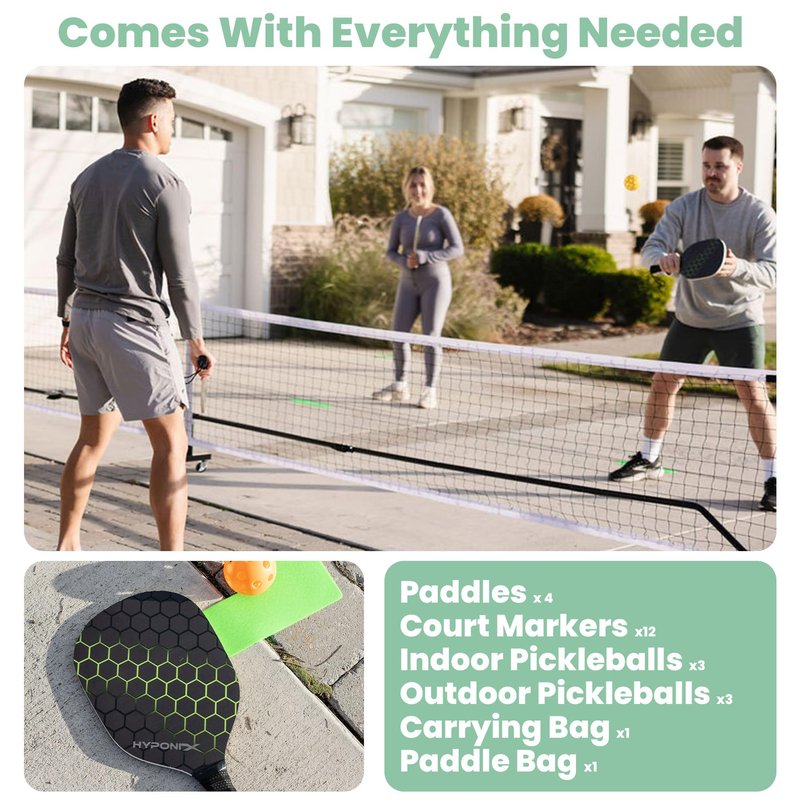 Hyponix Foldable Pickleball Set with Net — 22ft Portable Net with Wheels, Instant Setup, 4 Paddles, 6 Balls & Markers, Regulation Size, Compact Storage, Bag — Backyard, Driveway, Outdoor Games
