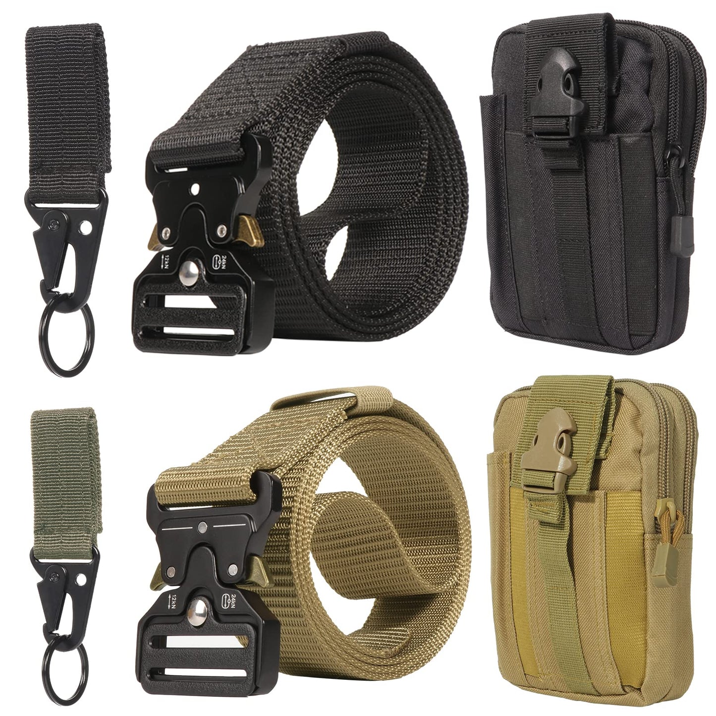 abcGoodefg 2 Pack Work Belt, Military Style Tactical Belts for Men, Quick-Release Metal Buckle with Molle Key Ring Holder & EDC Pouch