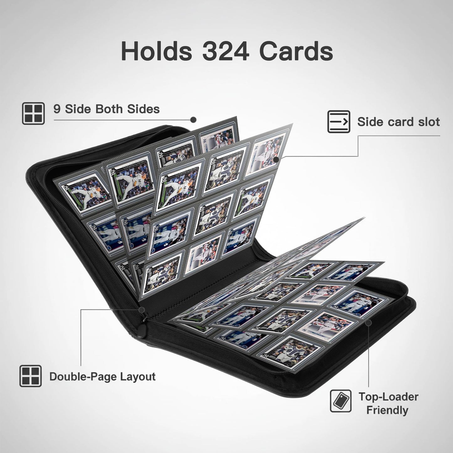 Toploader Binder,9 Pocket with 324 Card Slots for 3" x 4" Rigid Cards,PU Card Album for Trading Cards & Sports Cards(Black)