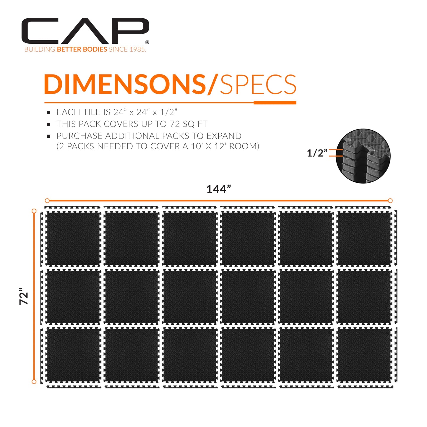 CAP Barbell 1/2-Inch Interlocking EVA Foam Exercise Puzzle Mat Home Gym Flooring - 3 Pack | 24" x 24" x 1/2" | Diamond Pattern - Black