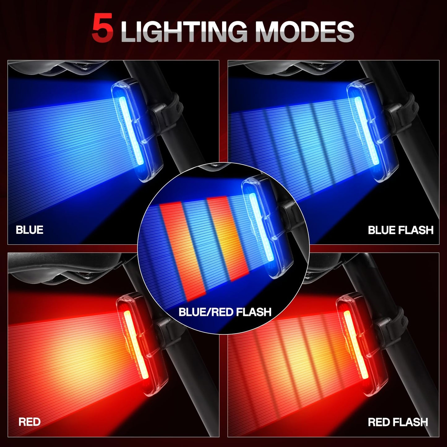 Bike Tail Light Powerful 110 Lumens - Rear Bike Light 5 Modes Red/Blue, Waterproof IP64, Rechargeable USB-C, Quick Release Brackets for Saddle & Seatpost, DON PEREGRINO B2 Bicycle Lights