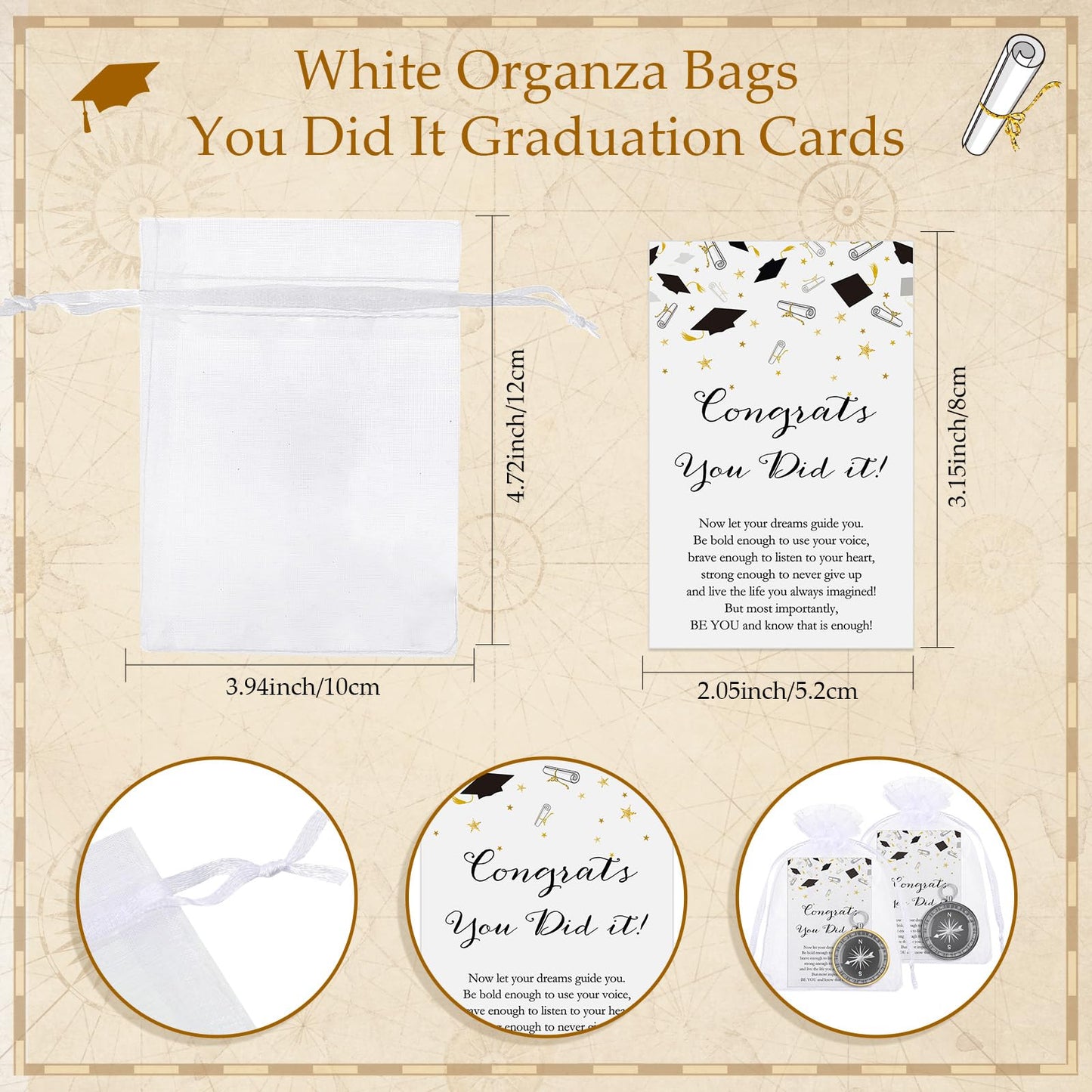 Beeveer 25 Sets Class of 2026 Graduation Gifts Pocket Compass Keychain Inspirational Cards Organza Bags You Did It College Grad Party Favor for Student Friend Graduation Gift(Black, Gold)