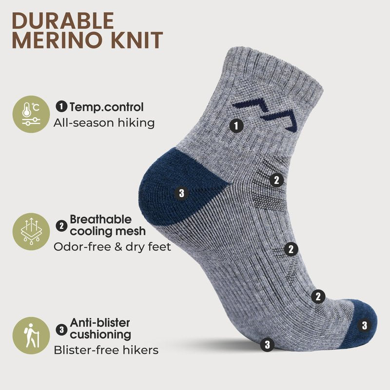 innotree Merino Wool Hiking Socks for Men,Quarter Ankle Compression Thick Cushion Breathable Anti Odor Socks, 5 Pairs, Large
