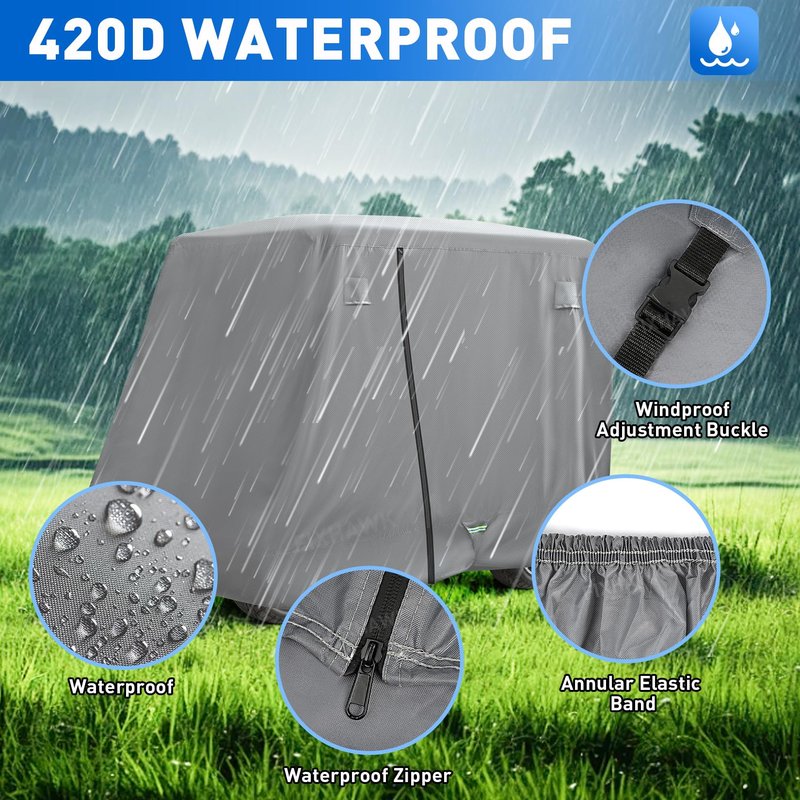 FIXHAWK 2/4 Passenger Golf Cart Cover for Club Car, EZGO,Yamaha Model, 420D PU Oxford Fabrics Waterproof Golf Cart Covers All-Weather Protection Full Cover 3-Zipper (Gray)