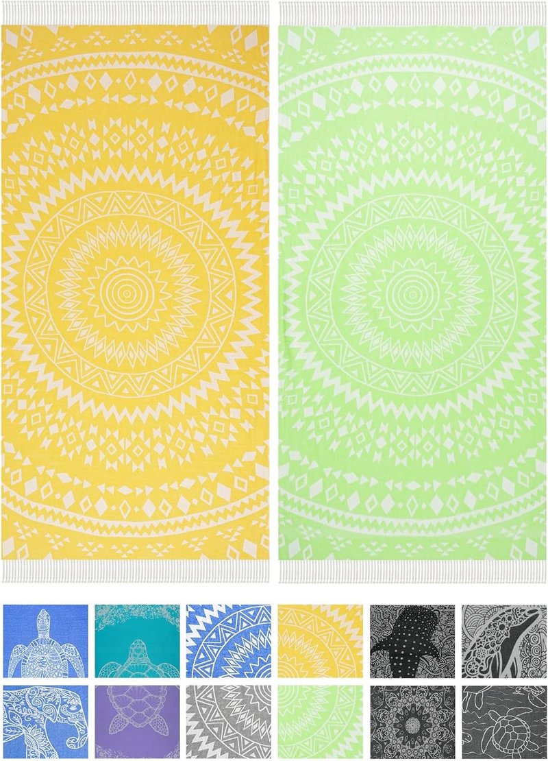 Turkish Beach Towel - Quick Dry Absorbent 100% Cotton | Extra Large Mandala Green & Yellow, 36x75 Inch - 2 Pack