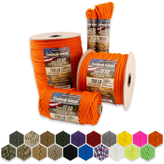 TOUGH-GRID 750lb Paracord/Parachute Cord - 100% Nylon Mil-Spec Type IV Paracord Used by The US Military, Great for Bracelets and Lanyards, 50Ft. - Neon (Safety) Orange