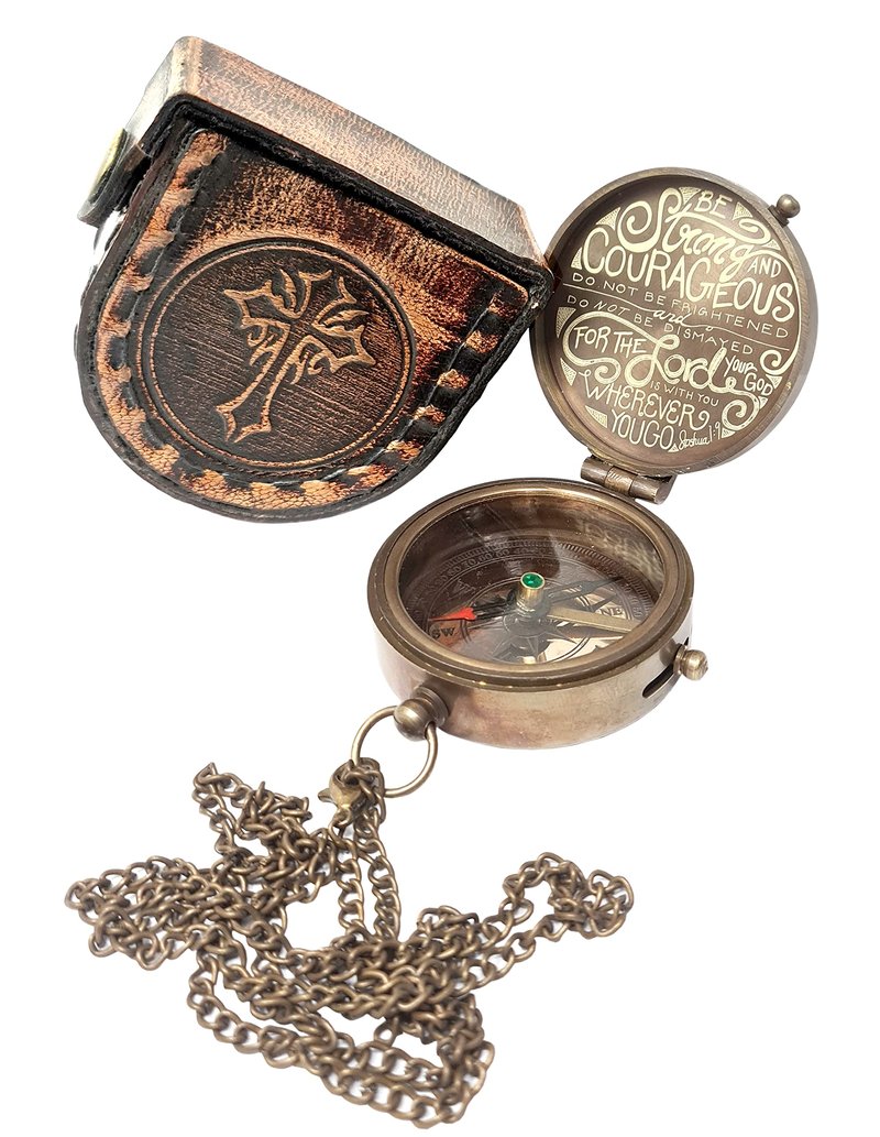 Brass Nautical - Engraved Brass Compass with Leather Case, Religious Scripture, Removable Chain - Confirmation, Graduation, Baptism Gift | Antique Décor Accent