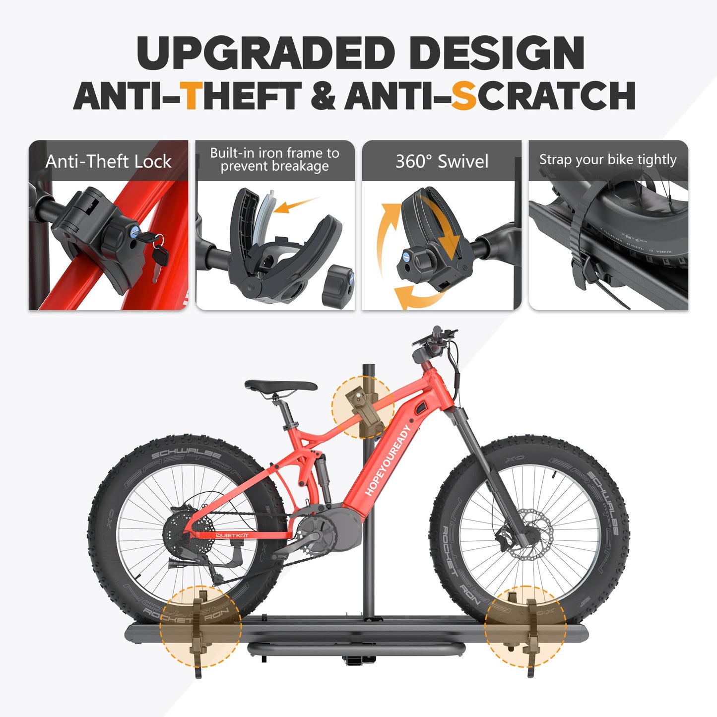 HOPE YOU READY 2 EBike Rack with Ramp, 2'' Hitch Mounted Lockable Bike Racks, 200lbs Capacity Foldable Platform, Up to 3-5'' Fat Tire Carrier for Standard and Electric Bicycles for Car SUV Truck RV