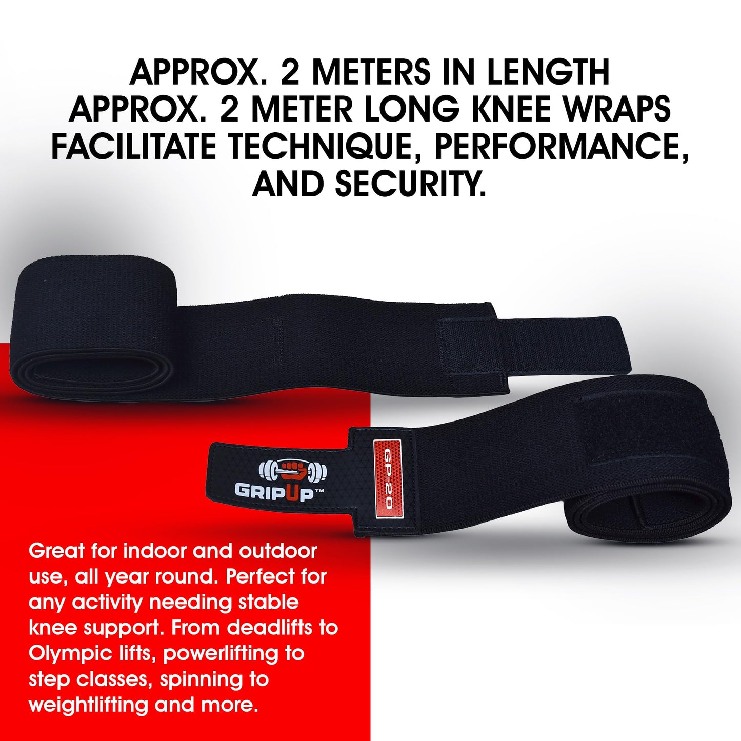 GripUp 78” Knee Wraps for Weightlifting (Pair) – Support Straps for Squats, Powerlifting & Gym Training, One Size GP20 (Black)