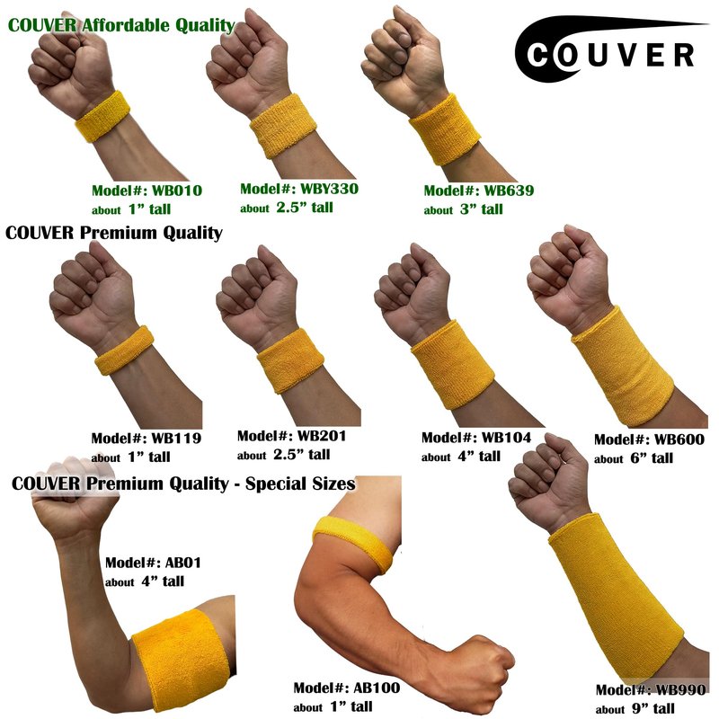 Couver Premium Athletic 9inch Thick Cotton Terry Cloth Elbow Wrist Sweatband - Black