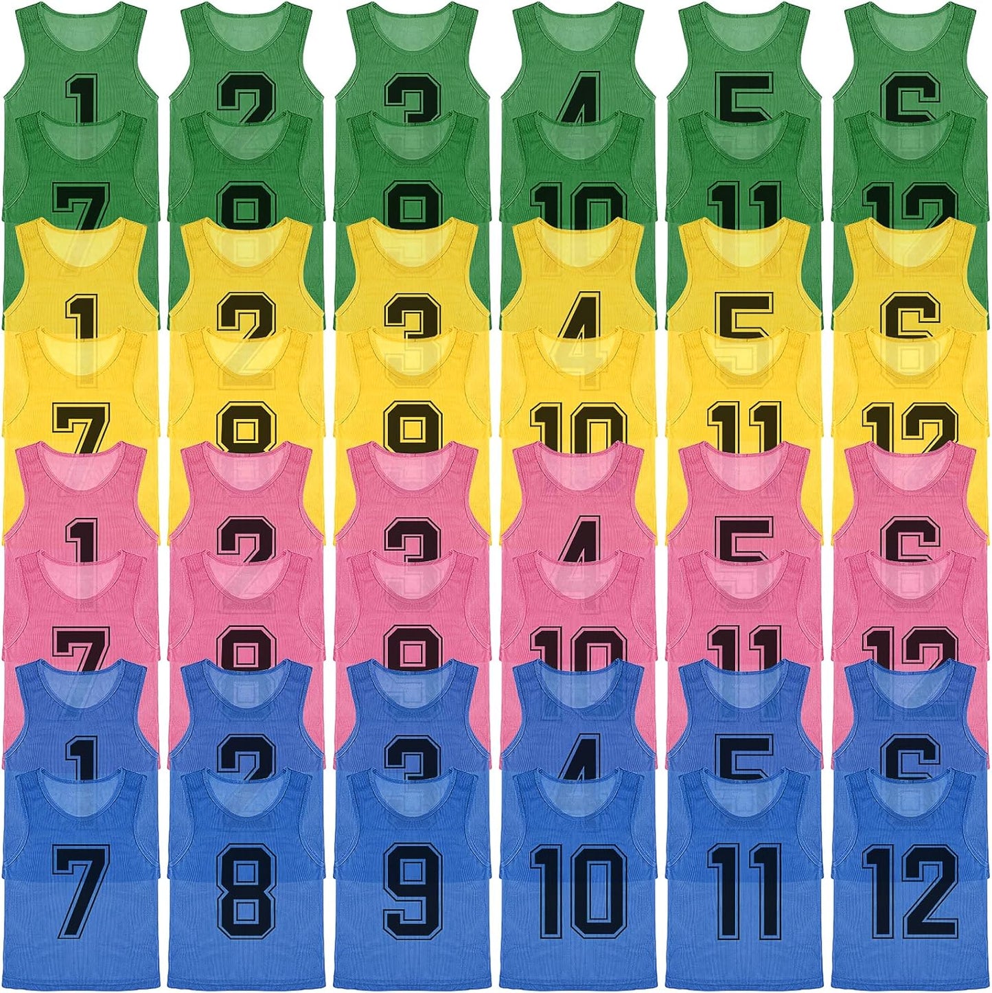 M-Aimee Youth Pinnies - 48 Pcs Mesh Basketball Practice Jerseys | Numbered Soccer Scrimmage Vests in Green, Yellow, Pink, Blue