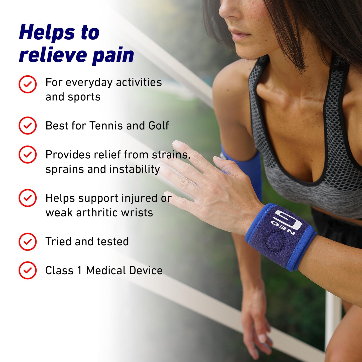 Neo-G Wrist Band - Support For Joint Pain, Arthritis, Sprains, Strains, Instability, Sports, Golf, Tennis, Basketball - Adjustable Compression - Class 1 Medical Device - One Size - Blue