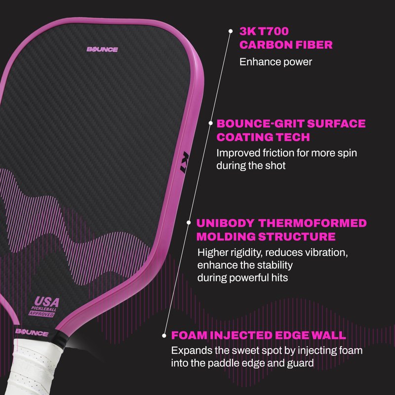 Bounce K1 Pickleball Paddles, 3K T700 Raw Carbon Fiber Pickleball Racket with 16MM Core & Long Handle, Designed for Ultimate Spin, Control & Power, USPA Approved. (Bounce K1)