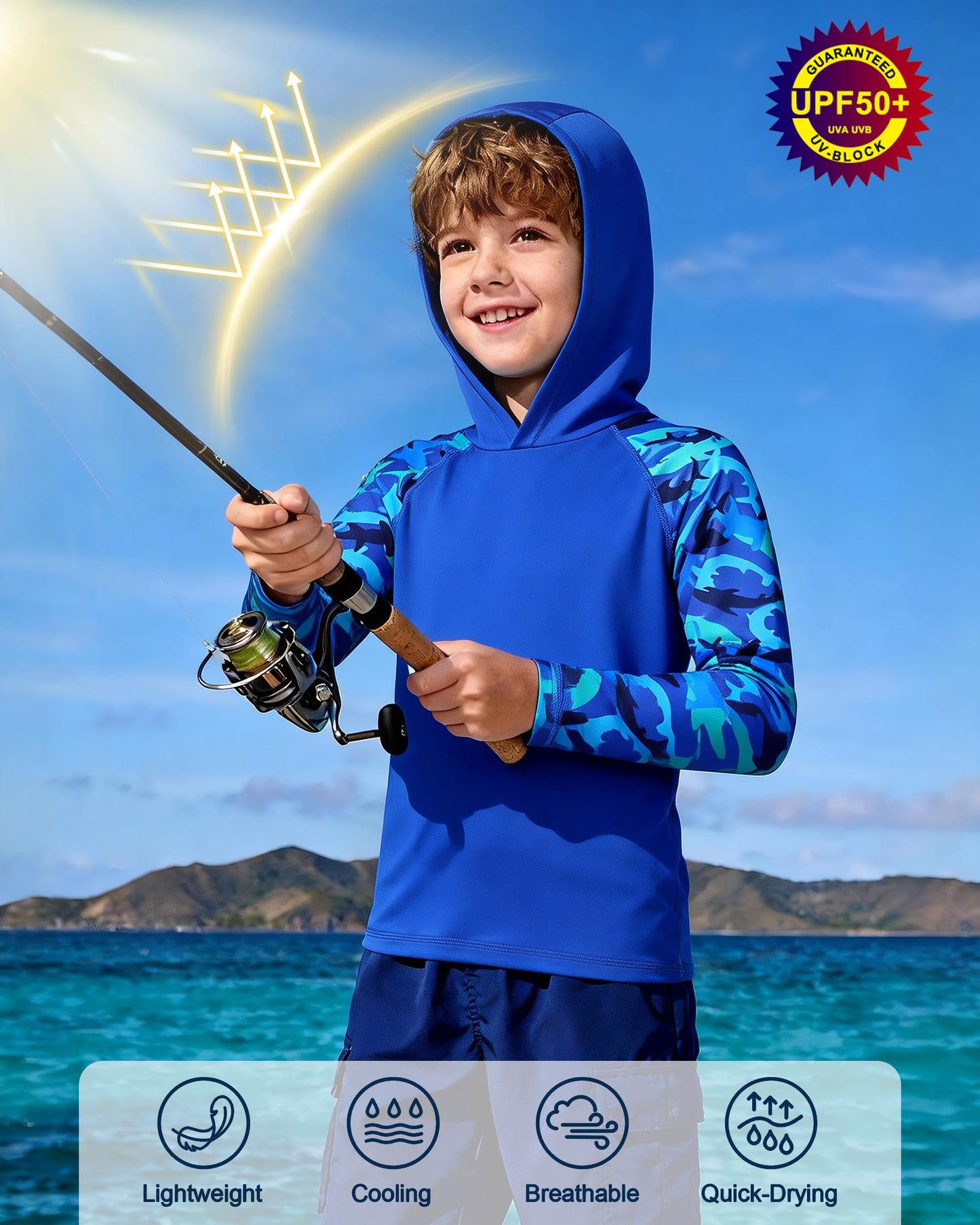 DRONIRING Boys Rash Guard Swim Hoodie, UPF 50+ UV Sun Protection Long Sleeve Fishing Shirt, Kids Youth SPF Water Shirts