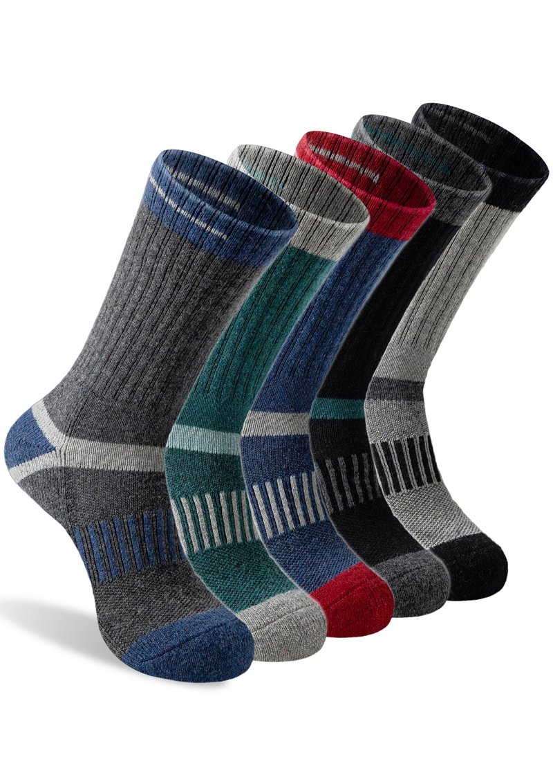 Men's Wool Crew Work Socks, 5 Pairs, Moisture Wicking Cushioned Boot Socks for Hiking, Running and Sports (US, Numeric, 10, 13, Regular, Regular, Net Mix)