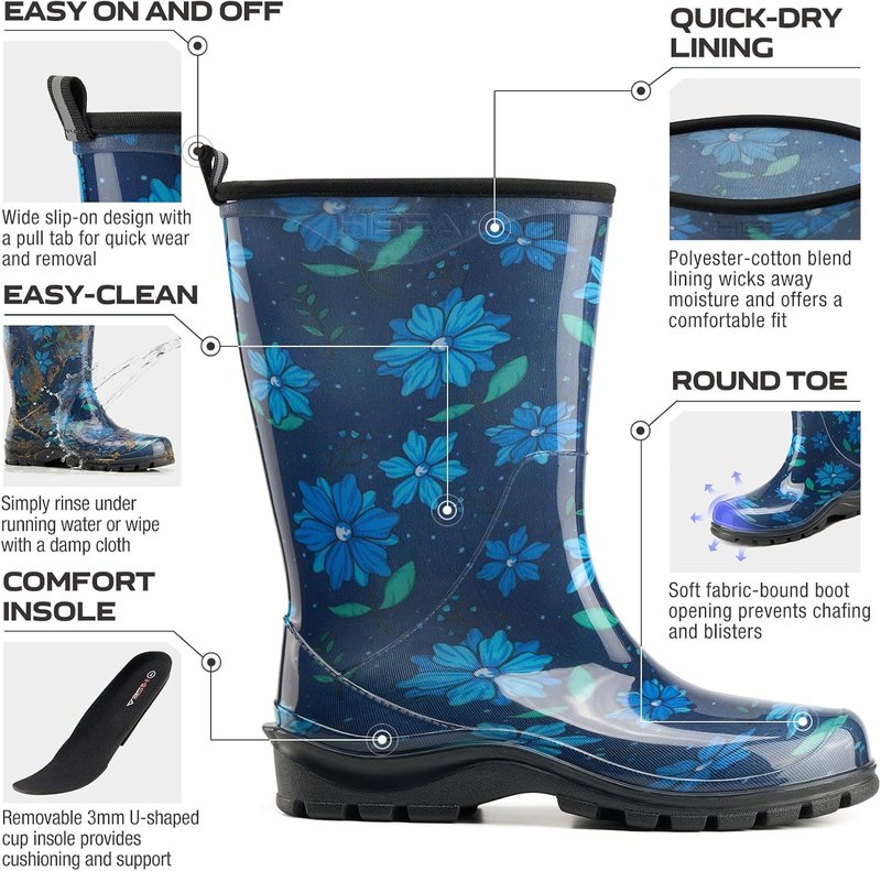 HISEA Women's Waterproof Garden Boots - Wide Round Toe Mid Calf Non-Slip PVC for Outdoor Work | Ideal for Gardening & Farm Use