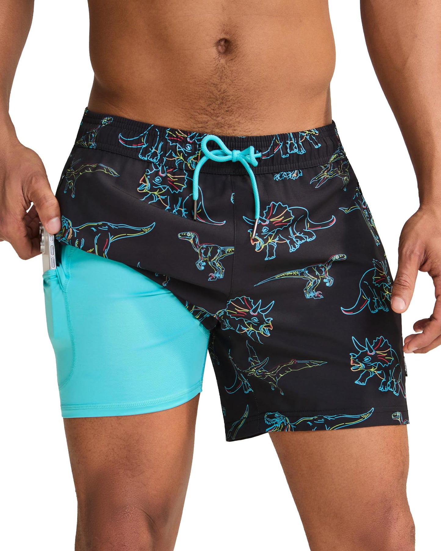 maamgic Mens Swim Trunks with Compression Liner 5 Inch, Quick Dry Bathing Suit with Zipper Pockets, Stretch No-Chafing Swim Shorts, Black-Colorful Dinosaur Small