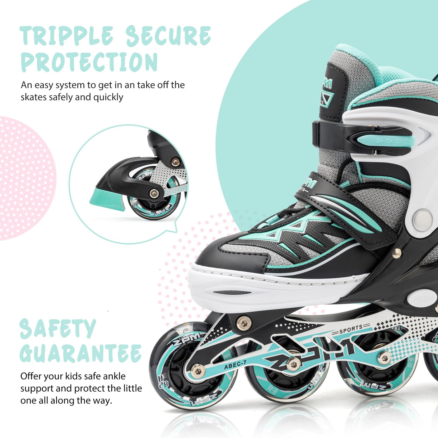 2PM SPORTS Cytia Pink Girls Adjustable Illuminating Inline Skates with Light up Wheels, Fun Flashing Beginner Roller Skates for Kids (Mint, Medium - Big Kid (13C-3 US))