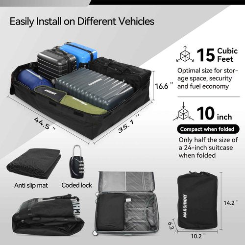 MARCHWAY Waterproof Car Roof Luggage Bag, Weatherproof Soft Shell Rooftop Cargo Carrier Bag for Vehicles with or Without Rack. 6 Door Hooks, Anti Slip Mat, Lock Included (15 Cubic Feet, Black)