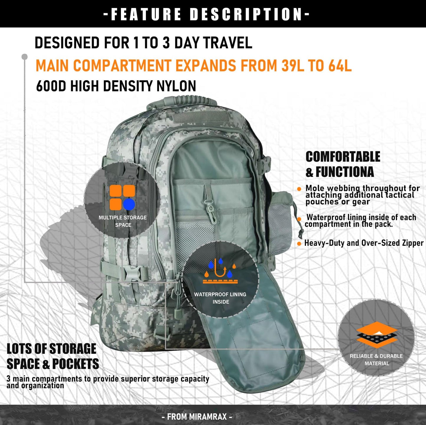 Miramrax Tactical Backpack Military Army Daypack - Assault Pack for Men Molle Backpacks Bug Out Bag 3 Day Pack for Hiking