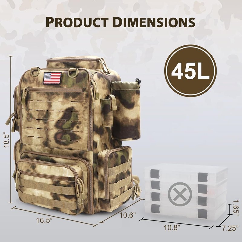 Fishing Tackle Backpack - Waterproof 45L Gear Bag with Rod Holders | Large Sahara Khaki Camo