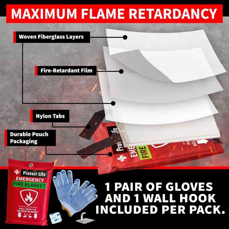 Protect Life Saving Emergency Fire Blankets 4 Pack - 40"x40", Fiberglass Fire Blanket for Home & Kitchen - Fire Suppression or Retardant Tarp - Fire Safety Kit for Car or Camping