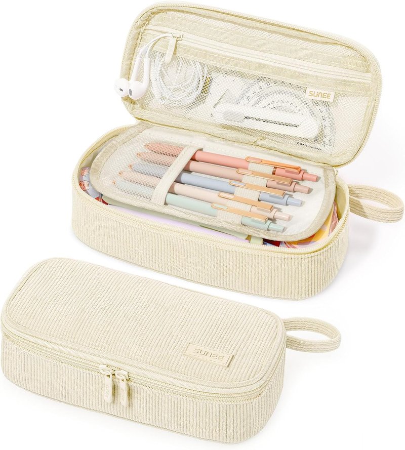 Cute Pencil Case - Large Capacity Aesthetic Zipper Pouch for Stationery | Soft Corduroy, Beige