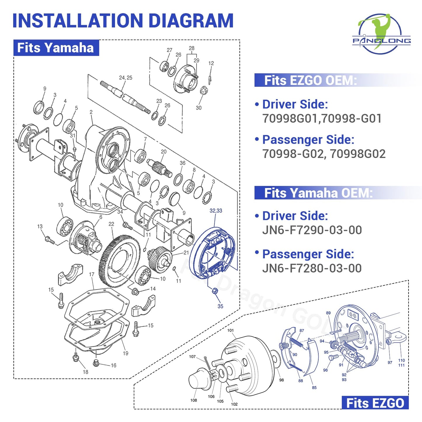 Panglong Golf Cart Brake Assembly, Fit Yamaha Rear Brake & EZGO TXT Rear Brake, Suitable for Yamaha G14,G16,G19,G20,G21,G22, EZGO TXT Medalist, OEM# 70998G01,70998-G02,JN6-F7290-03-00,JN6-F7280-03-00