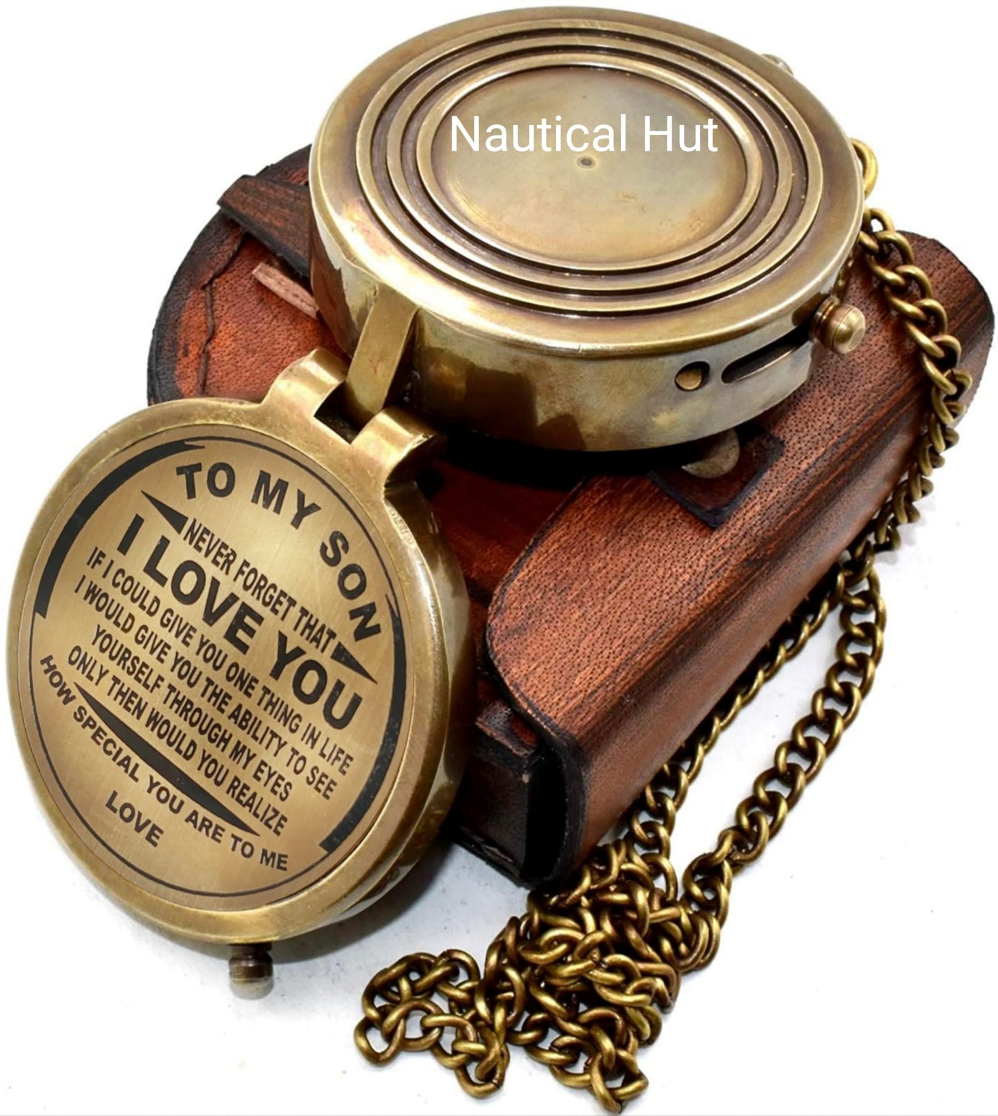 to My Son Brass Engraved Compass – Vintage Pocket Compass with Leather Case, Solid Antique Brass Navigation Compass, Personalized Engraved Gift from Mom to Son for Graduation, Birthday, Christmas