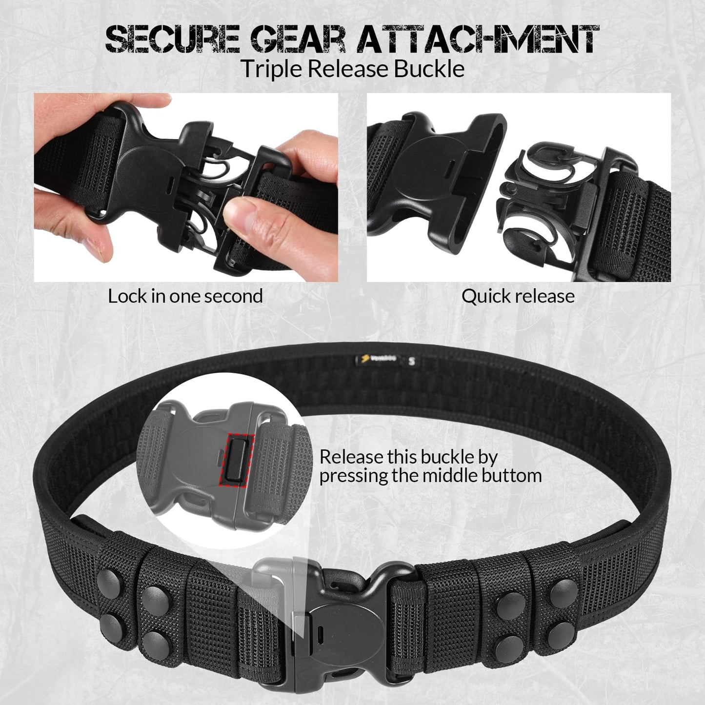 VOTAGOO GEAR Duty Belt 2'' Police Belts with Hook Lining, Adjustable Nylon Tactical Belt for Law Enforcement Officers with 4 Belt Keeper, Small, Black