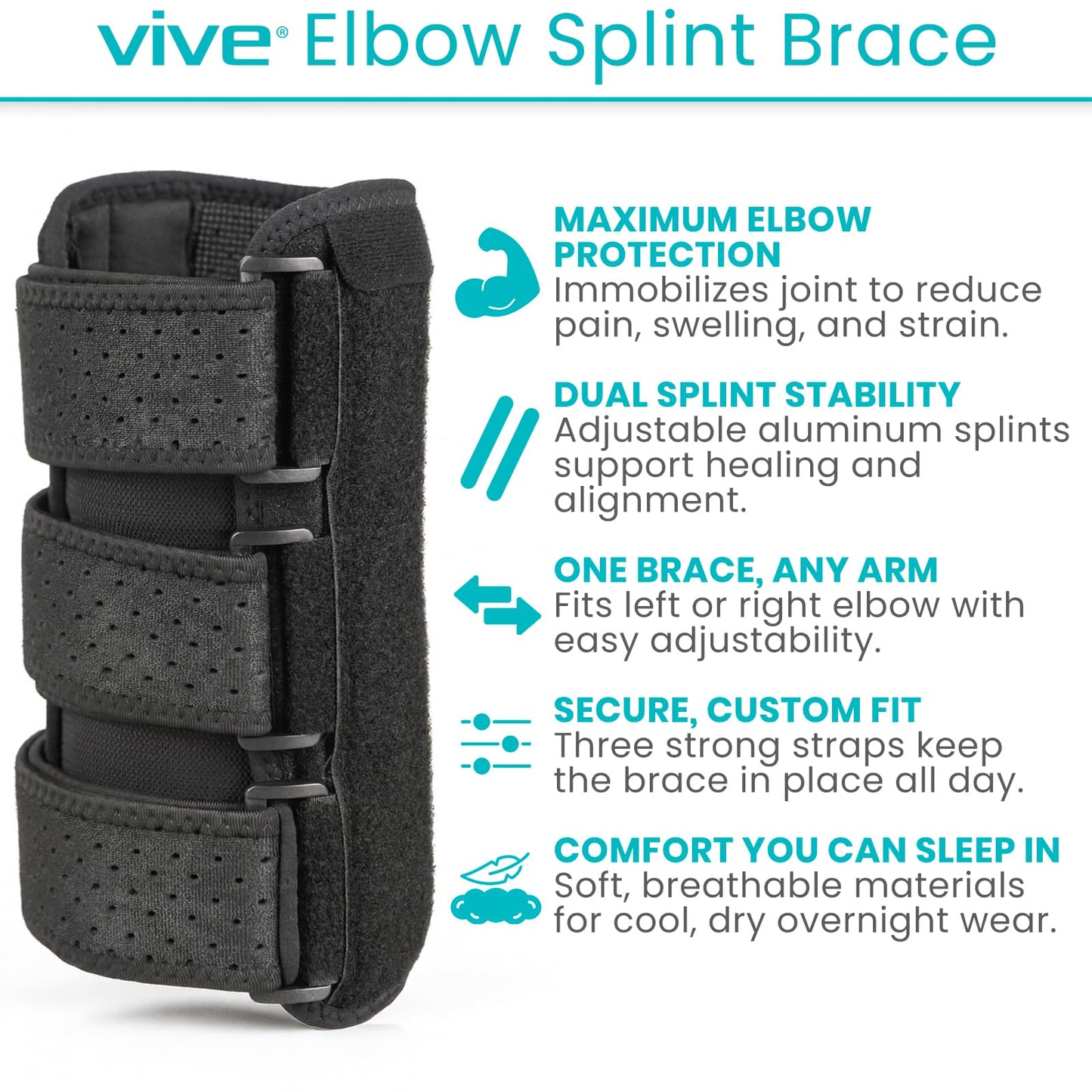 Vive Elbow Splint Brace for Tendonitis, Cubital Tunnel, Sleep Support, Tennis Elbow - 2 Removeable Splints That Stabilize Joint for Pain Relief - Arm Compression Sleeve Immobilizer for Men and Women