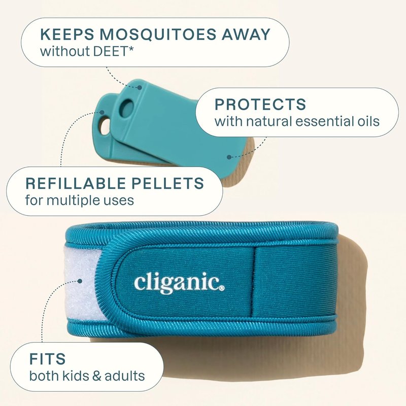 Cliganic Mosquito Repellent Wristbands & Refill Pellets - Adjustable, DEET-Free, Essential Oil Blend | 2 Bands + 4 Pellets