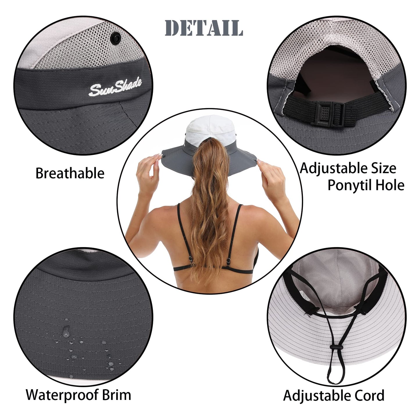 Womens Summer Sun Hat Beach Hat Wide Brim Outdoor UV Protection Hat Foldable Cool Mesh Ponytail Bucket Hat (Light Grey-Grey)