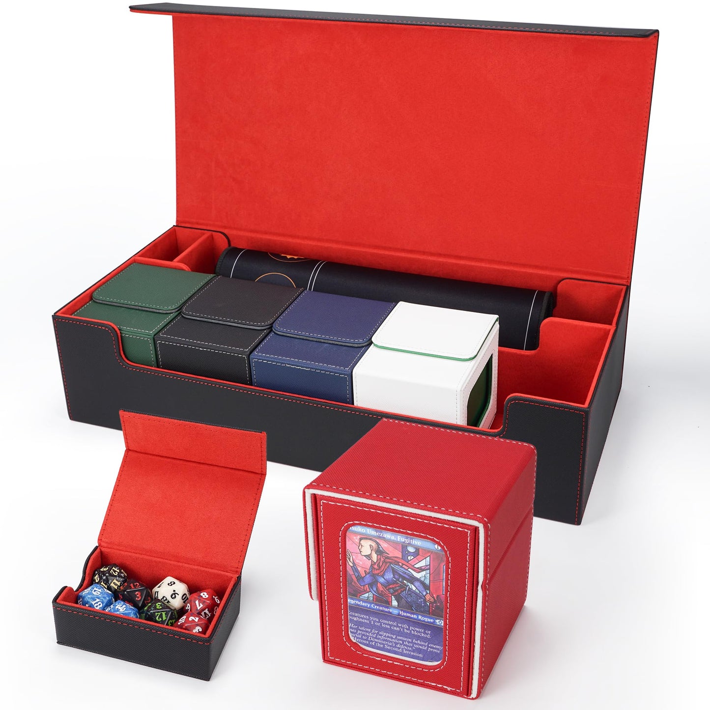 AFIING MTG Deck Box 6 In1 with MTG Playma,Premium Card Storage Box with 5 Pcs MTG Deck Box Holds 2400+ Trading Cards, Large TCG Card Deck Case for Magic Yugioh Sports Cards (Black&Red)