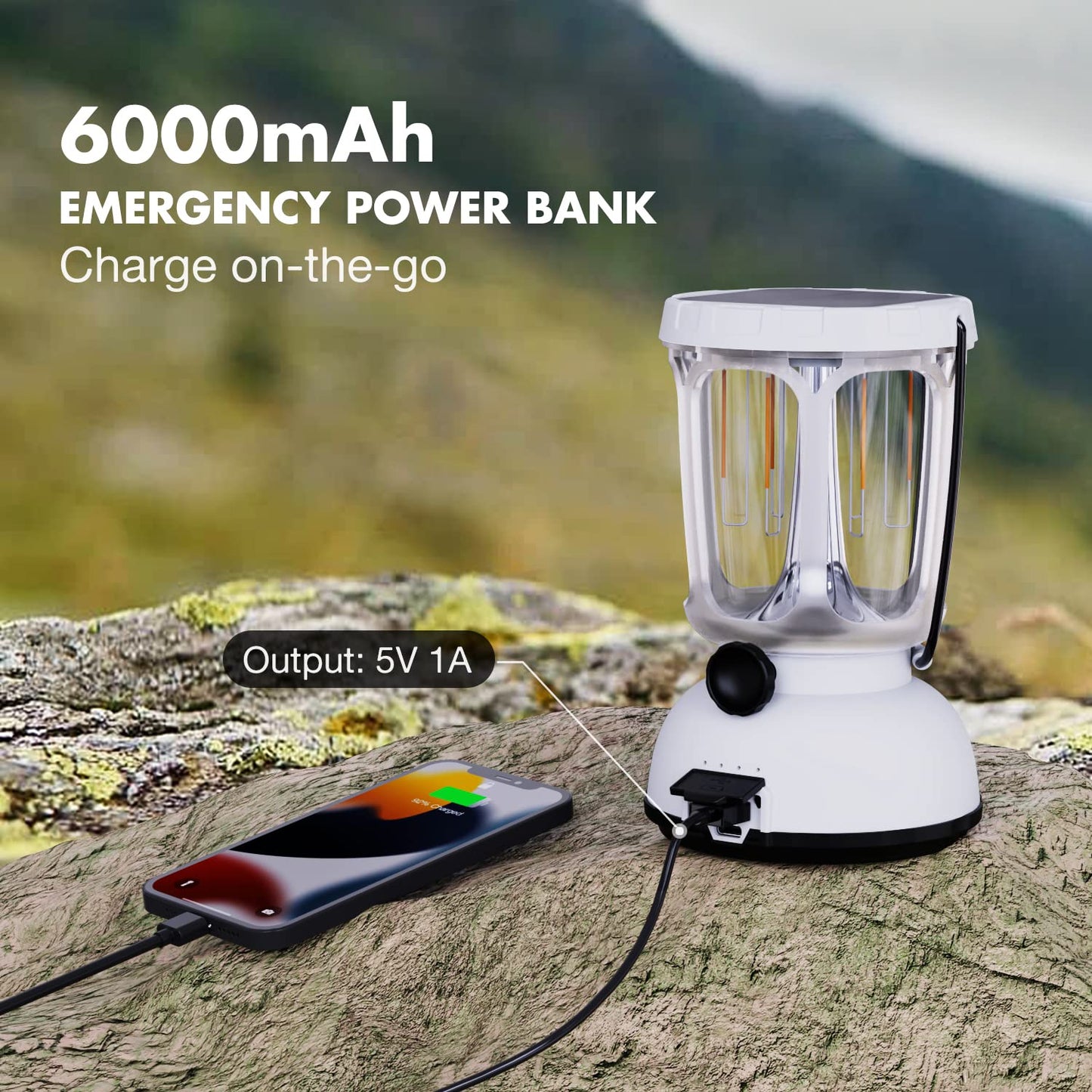 3-in-1 Power LED Camping Lantern, Rechargeable Solar Lantern with Hand Crank Emergency Light 650LM, 6000mAh Phone Charger, 200 Hours for Hurricane, Outage, Survival Kit