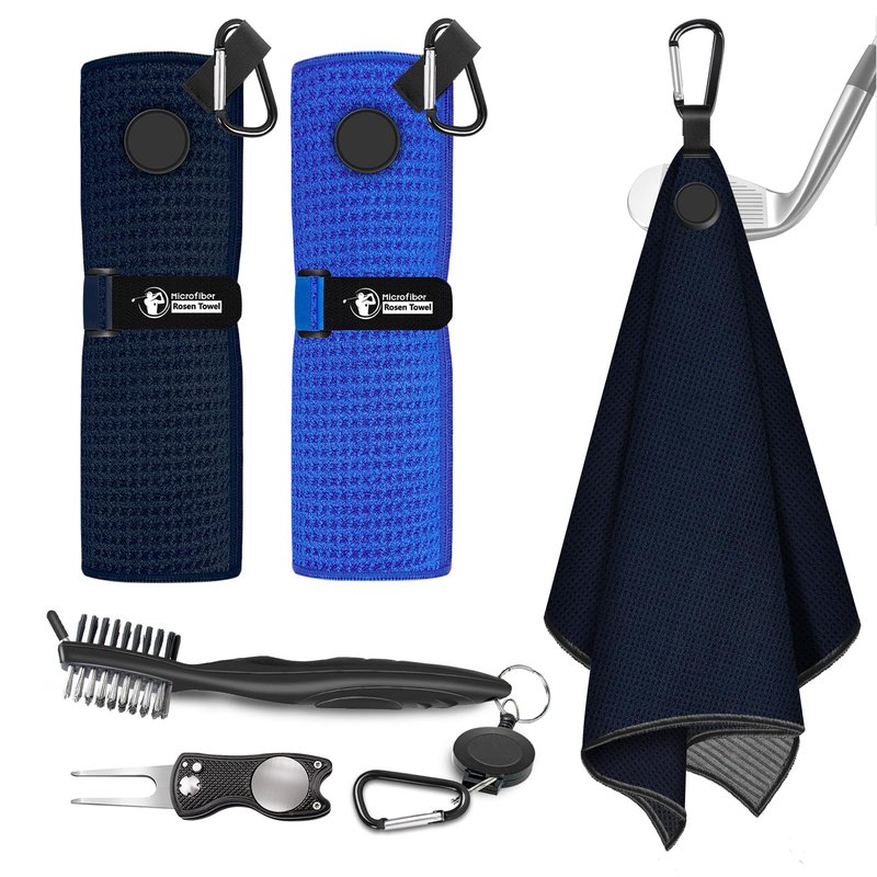 Lousrnman Magnetic Golf Towel, 2 PCS Microfiber Golf Towels with Wire Cleaning Cloth for Men, Industrial Strength Magnet Accessories for Strong Hold to Golf Bags, Carts or Clubs (Black Blue)