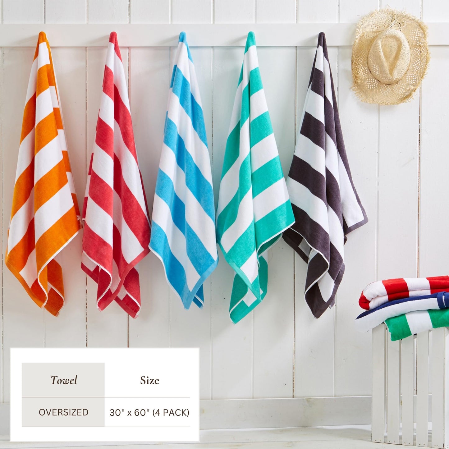 Great Bay Home 100% Cotton Velour 4 Pack Beach Towels 30" x 60" - Navy Cabana Stripe Pool Towels - Quick Dry, Large Swim Towels