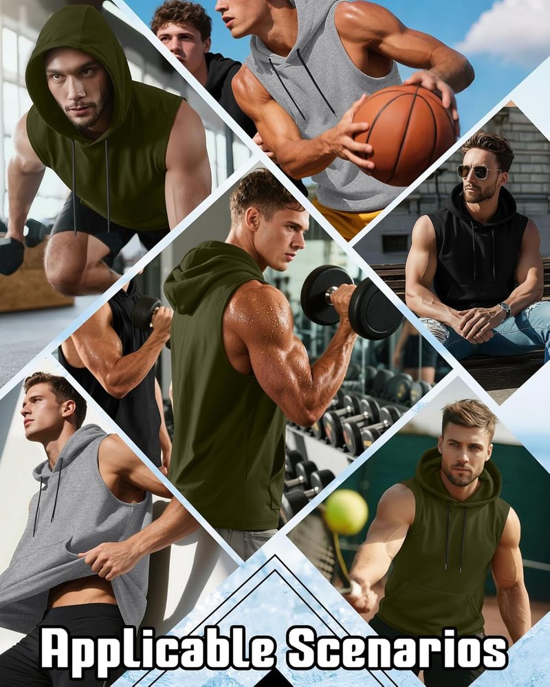 Men's Hooded Tank Tops - 3 Pack Workout Sleeveless Gym Hoodies for Bodybuilding | Comfortable Fit