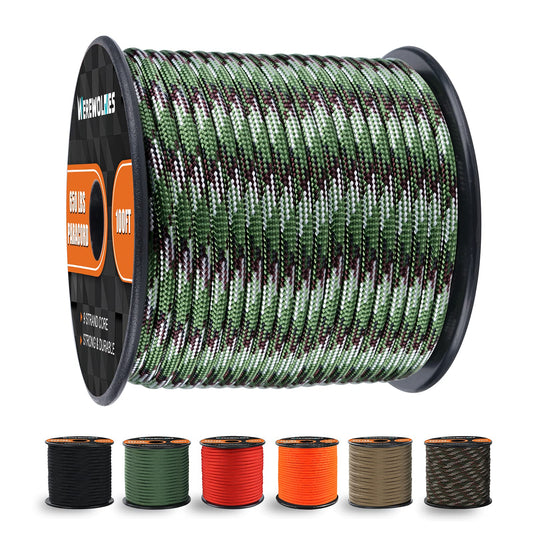 650lb Paracord/Parachute Cord - 9 Strand Paracord Rope - 100', 200' Spools of Parachute Cord, Type III Paracord for Camping, Hiking and Survival (Army Green Camo, 100 Feet)