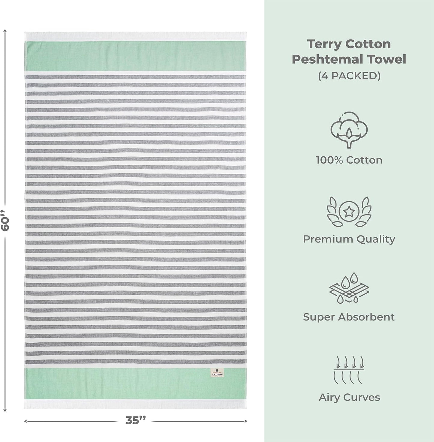 Peshtemal Beach Towels - 100% Cotton Lightweight Quick-Dry Sand-Free | 35"x60", Green