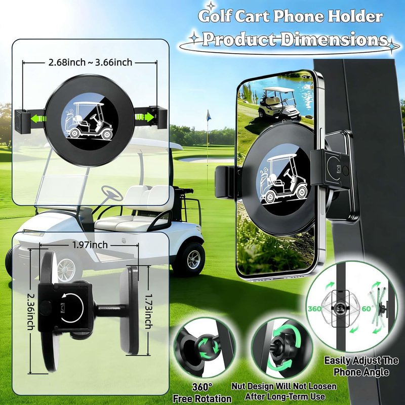 WUKO HUNT 2-in-1 Golf Cart Phone Holder, Magnetic + Back Clip Dual Protection, Fits EZGO, Club Car, Yamaha, Built-in Powerful Magnet, Compatible with iPhone & Android, 360° Rotation, Aluminum Mount