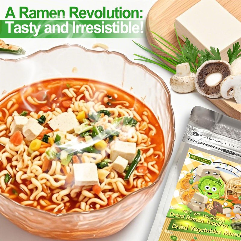 15oz Dehydrated Ramen Toppings Mix with Freeze-Dried Tofu – 9 Dried Veggies Including Seaweed, Cabbage, Corn – High Protein, Low Calorie, All-Natural Ramen Mix – Emergency Food & Camping Meal
