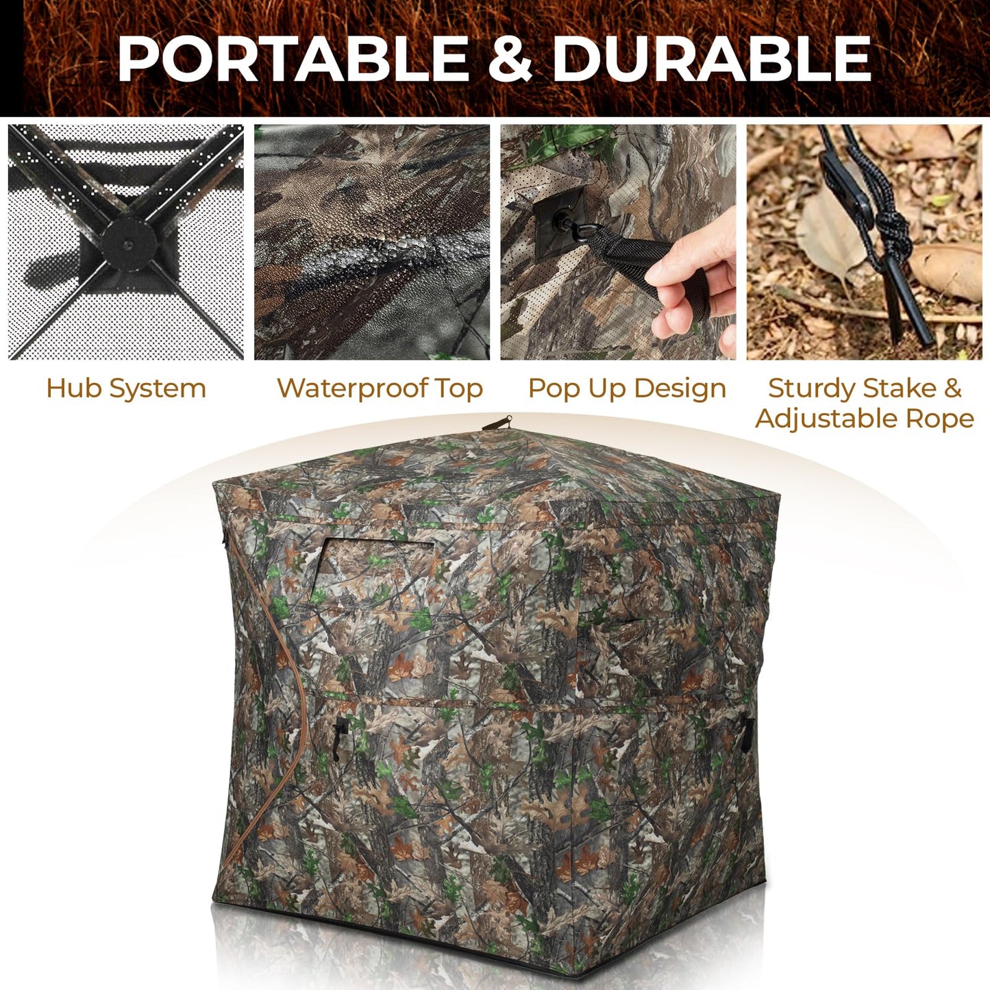 HUNTSEN Hunting Blind 270° See Through 3-4 Person Ground Blind Pop Up Deer Blind for Hunting with Carring Bag - Portable Durable Blind for Turkey and Deer Tent