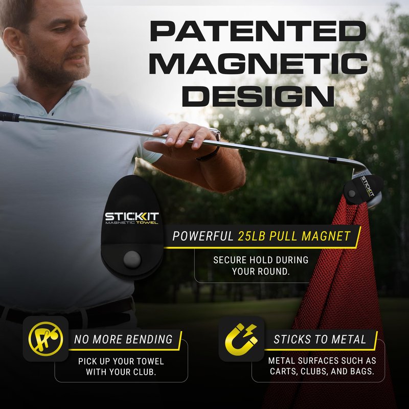 STICKIT Magnetic Golf Towel - Ultra-Absorbent with Waffle Weave Microfiber - Golf Towel with Magnet for Bags, Clubs & Carts - Removes Dirt, Grass, & Debris from Club Face - 29” x 29” (Black)