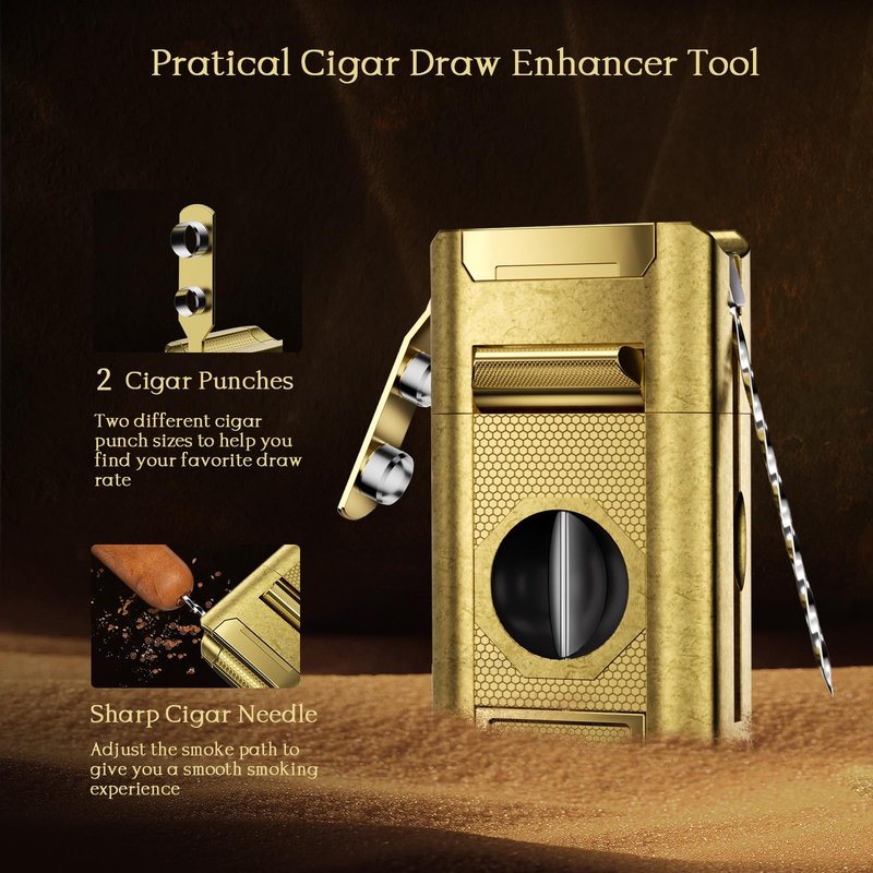 6-in-1 Cigar Torch Lighter, with Straight&V Cigar Cutter, 2 Cigar Punches, Cigar Draw Enhancer, Cigar Holder, Quad Flame Windproof Butane Lighter, Multifunctional Cigar Accessories, Gifts for Men